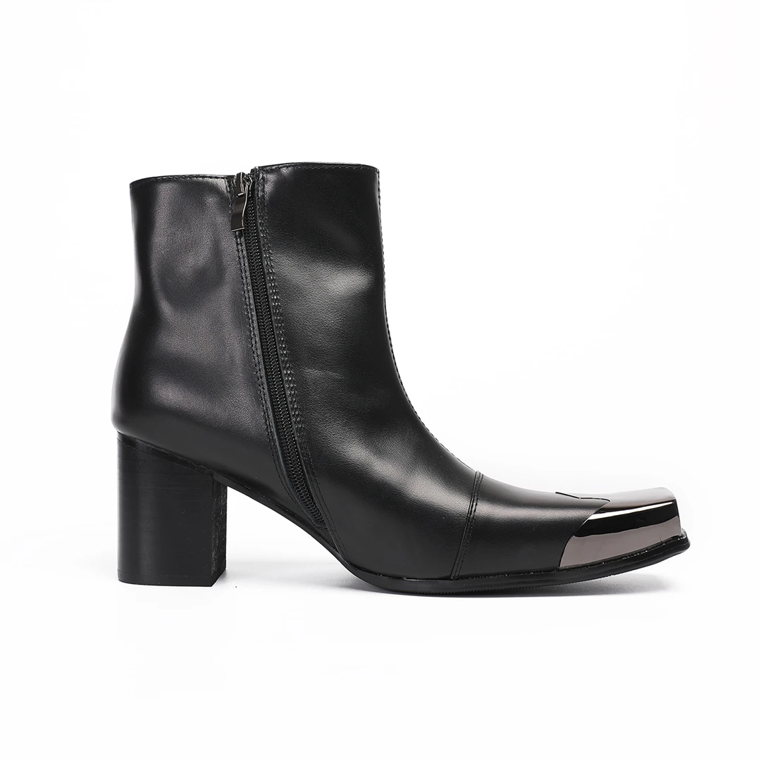 Black Men's Chelsea Boots, Metal Square-Toe Dress Boots, Solid-Color Genuine Leather, Handcrafted Fall Shoes - view 5