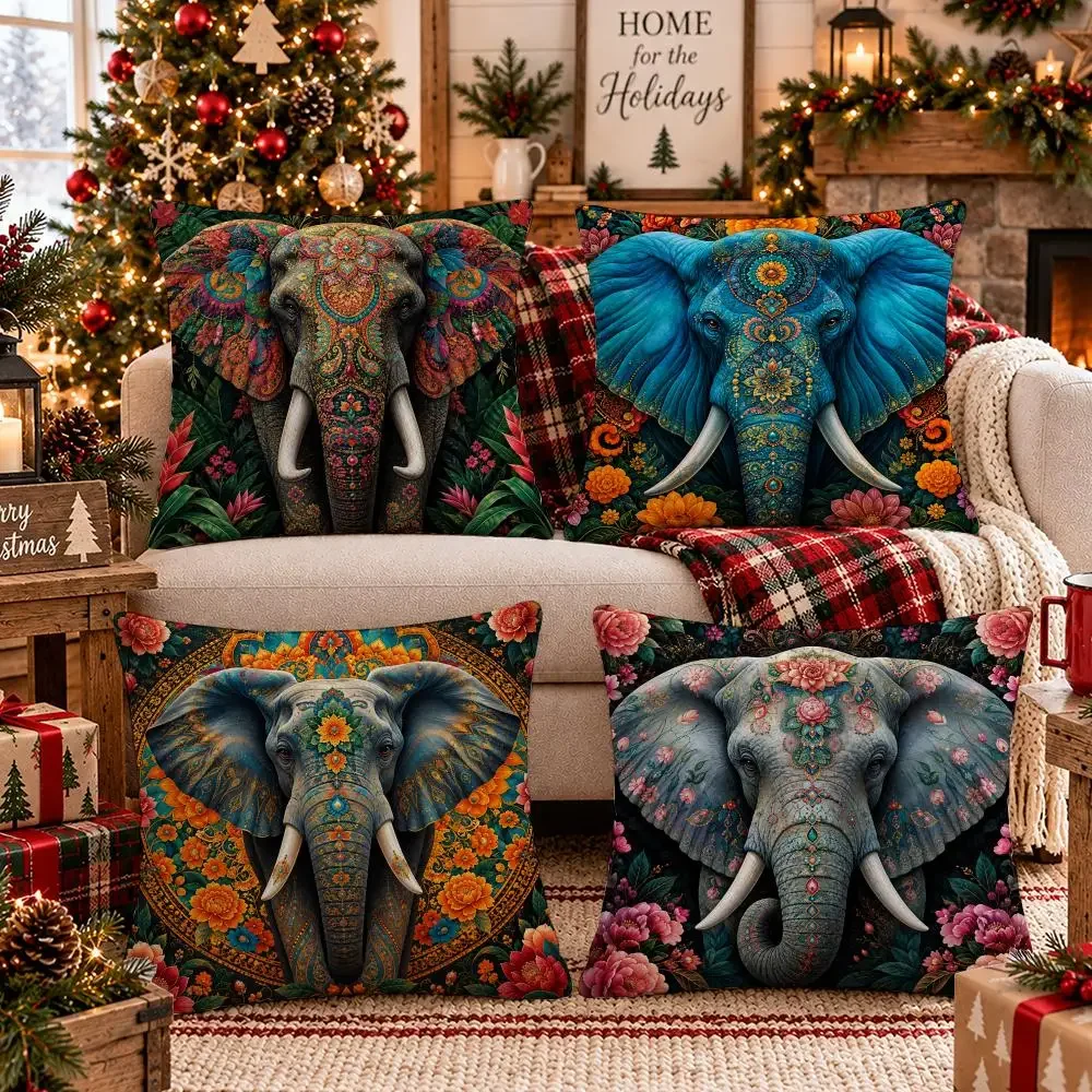 Jewel Temple Elephants Cushion Cover Soft Short Plush Pillow Cover Smooth Cozy Texture Cushion Case Home Decor