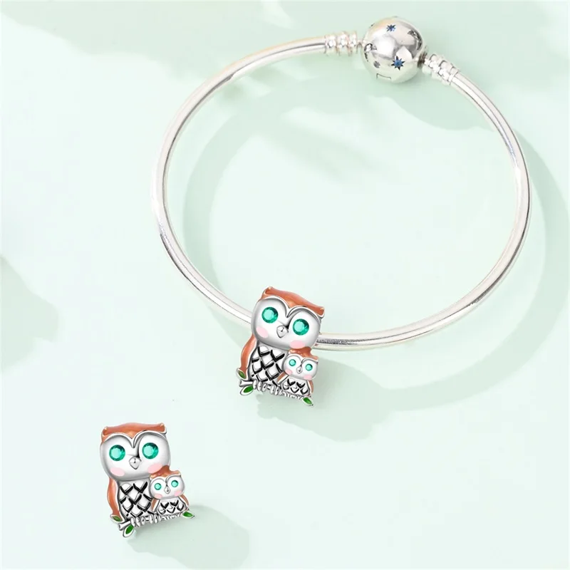 

100% 925 Sterling Silver Brown Parent-child Owl Cartoon Animals Charms Beads Fit Bracelets For Women DIY Jewelry Birthday Gift