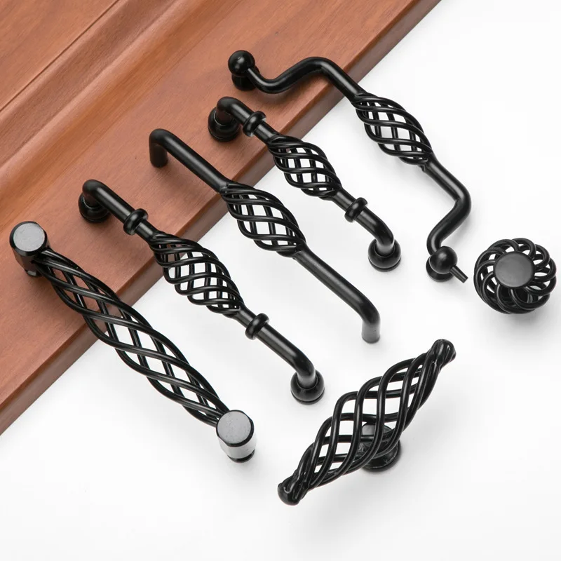 Bronze Birdcage Handle Hollowed Out European Black Handle Single Hole Cabinet Wardrobe Door Handle American Furniture Handle