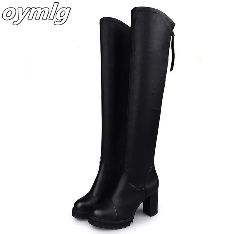 New Autumn Winter Women\'s Pu Leather Over The Knee Boots Back Zip Thick High Heel Platform Thigh Boots Ladies Fashion Shoe Black