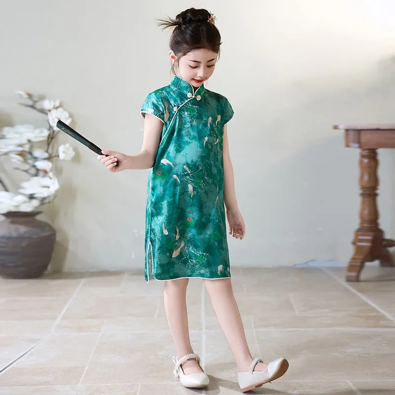 Girls' Summer Cheongsam Dress Children's 2026 New Chinese Style Retro Qipao Dress Kids' Ancient Breathable Hanfu Skirt LJ647