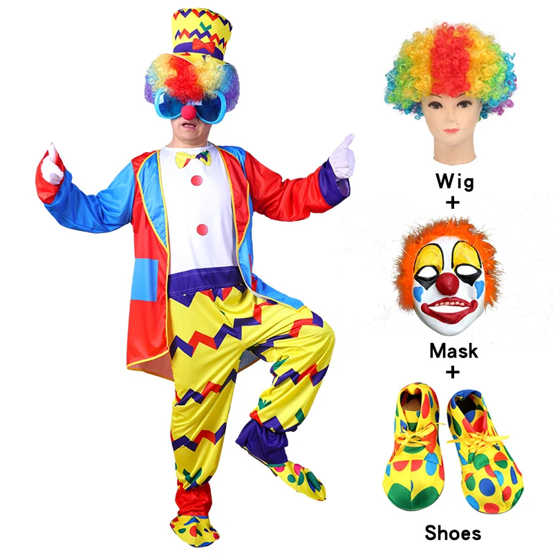 Funny Circus Clown Clothing with Mask Shoes Wig Adult Clown Amusing Costume Carnival Party Stage Performance