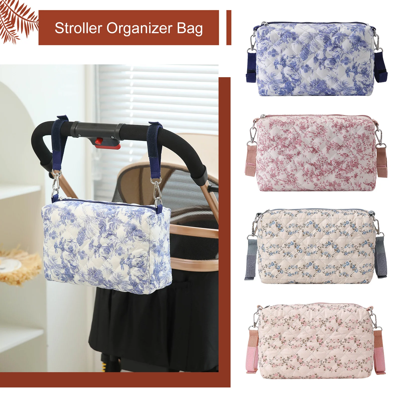 

Floral Diaper Storage Bag Multifunctional Reusable Portable Stroller Organizer Bags with Stroller Hooks for All Strollers