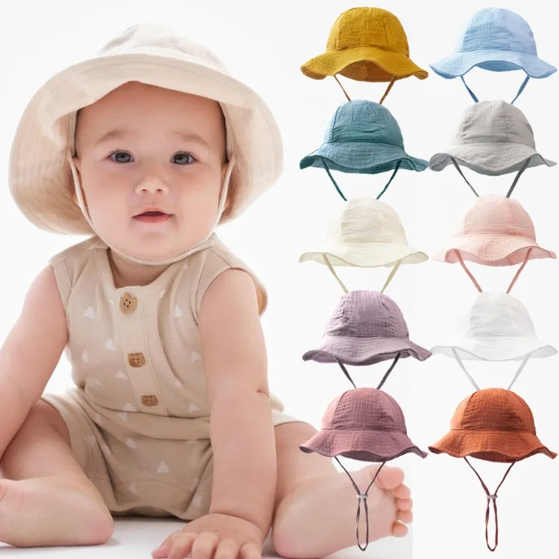 

INS 100% Cotton Baby Bucket Hats European Sun Protection Fisherman Caps Breathable Solid Color 0-2 T Infant Toddler Sun Hats