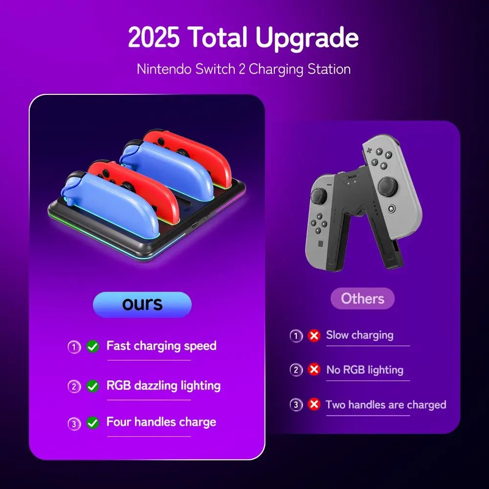 فتحات بطاقات محطة شحن Joy-Con 4 في 1 مع مؤشرات LED شاحن وحدة التحكم في الألعاب شحن سريع لجهاز Nintendo Switch 2