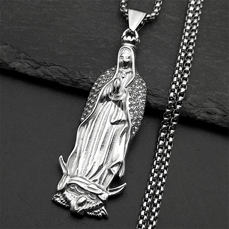 Katholische Jungfrau Maria Strass Anhänger Halskette für Frauen Männer Edelstahl Gold Silber Farbe Guadalupe Gebet Schmuck