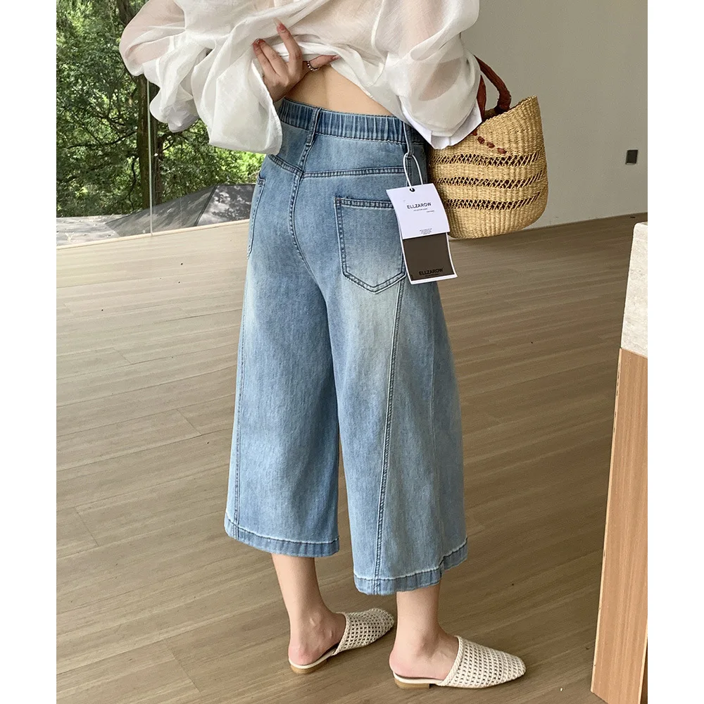 2026 Summer Plus Size Women High Waist Stretch Narrow Boyfriend Wide Leg Jeans Mid Capri Pants For Curvy Ladies 2623 view 4
