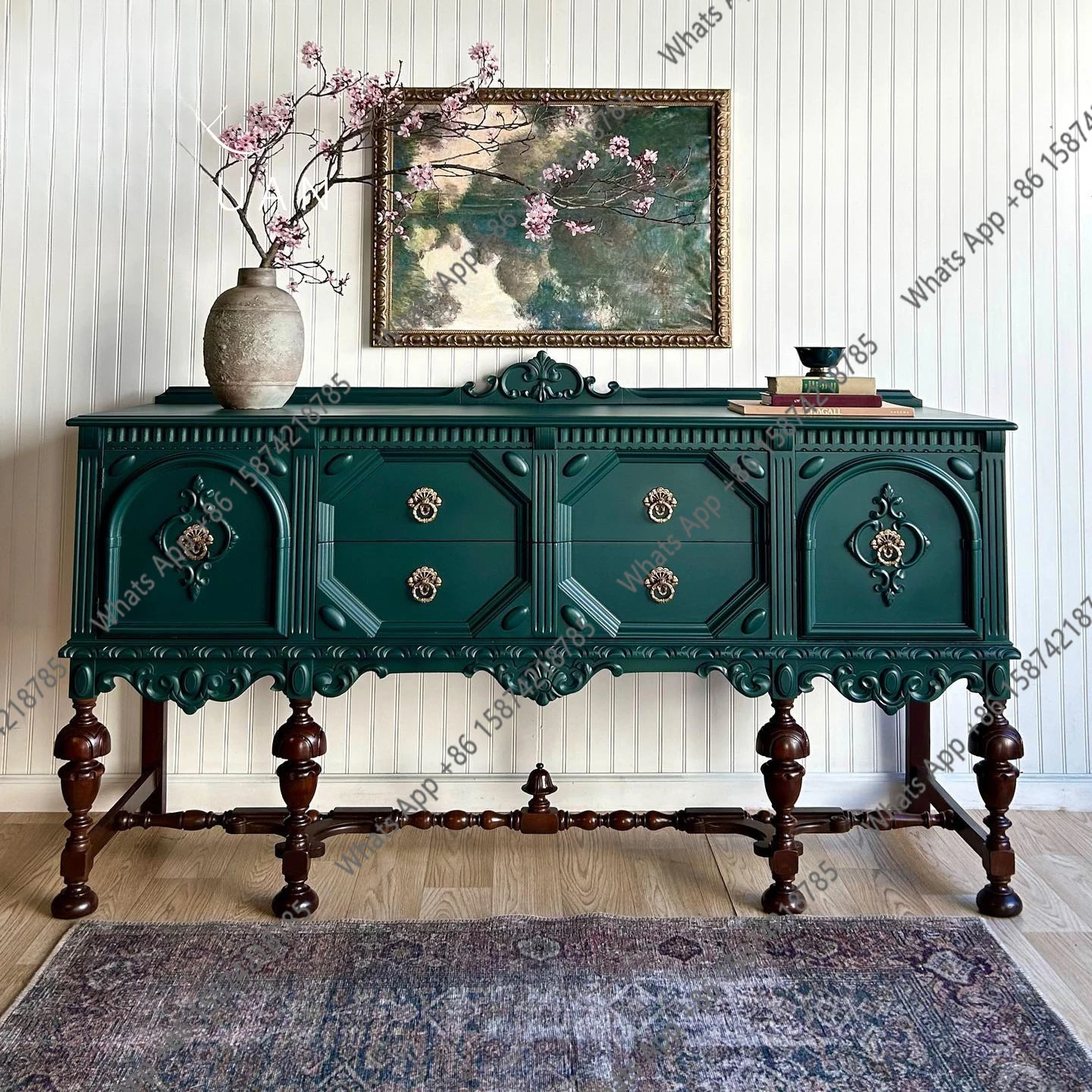 

French solid wood carving flower dining side cabinet European neoclassical luxury American living room wall decoration