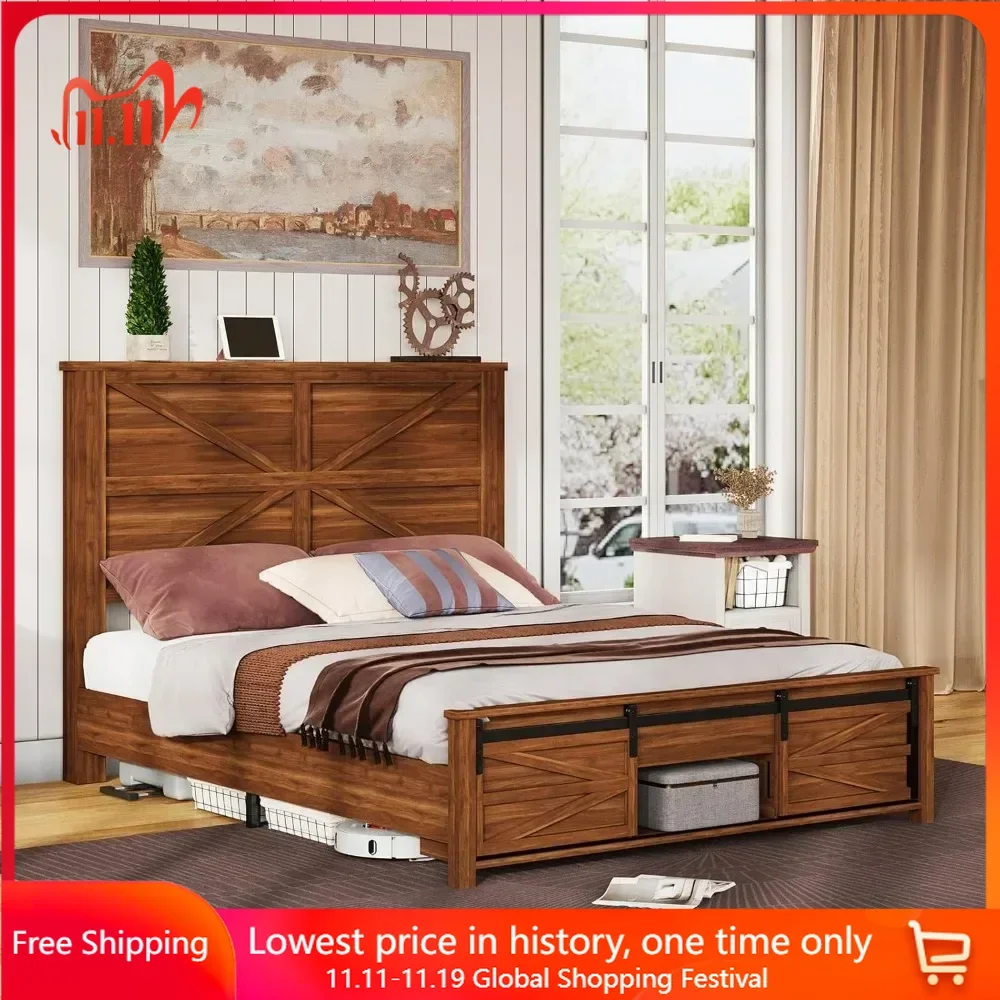 

Full Bed Frame with Sliding Barn Door Storage Cabinets & Headboard Solid Wood Slats Support No Box Spring Needed Wood Bed Frame