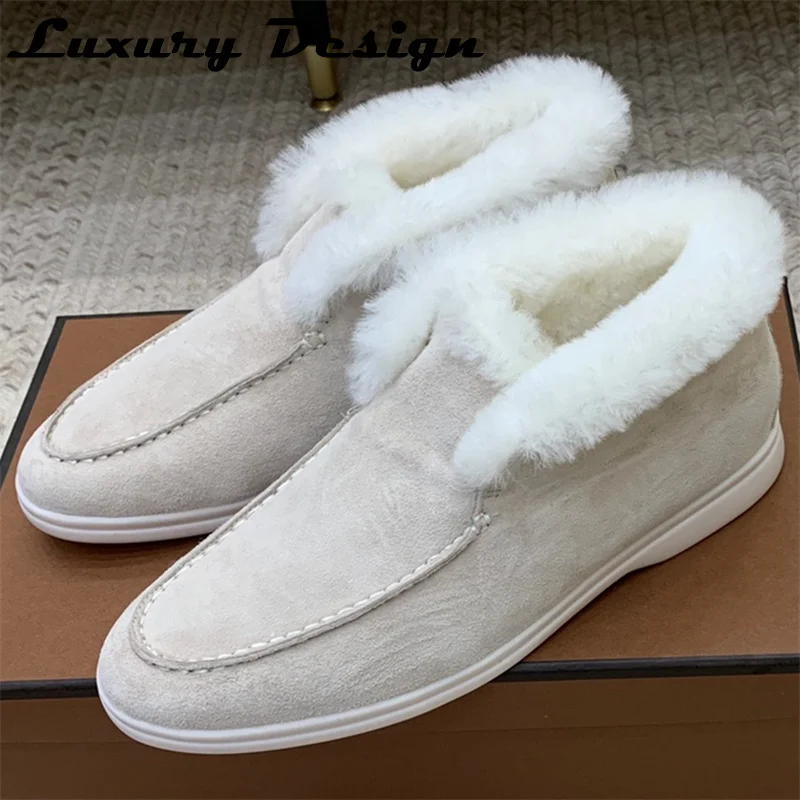 High Quality Lp Snow Boots Woman Natural Leather Wool Winter Shoes New Walking Shoes Brand Mules Round Toe Flat Casual Shoes Men