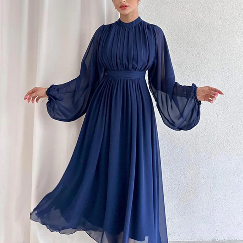 Fashion Half High Collar Mesh Maxi Dress 2024 Women Solid Pleated Bridesmaid Dress New Spring Elegant Long Sleeved Waist Dresses