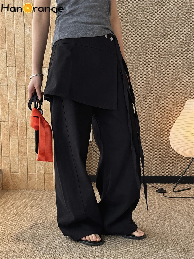 

HanOrange 2026 Spring Fashion Two Piece Detachable Skirt Curtain Pants Women Layered Trousers White/Black/Light Blue
