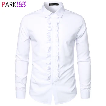 Heren Ruche Ruche Dinner Smoking Retro Jaren 70 Shirt Lange Mouw Knoop Naar Beneden Plooien Bruiloft Lange Mouw Shirts Top Chemise 2xl