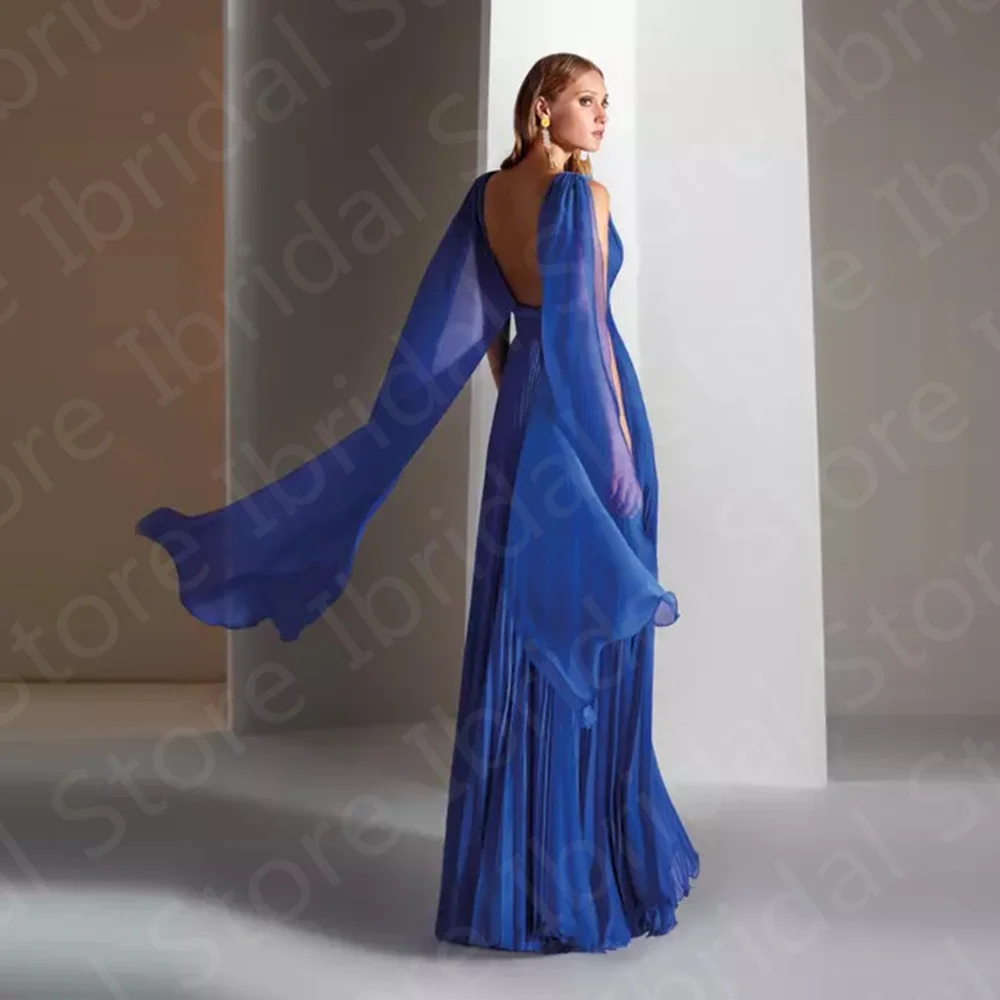 Ultimo Boho Beach Mother of the Bride Dress Royal Blue Chiffon abiti scollo a V senza maniche abiti da festa di nozze Back Out