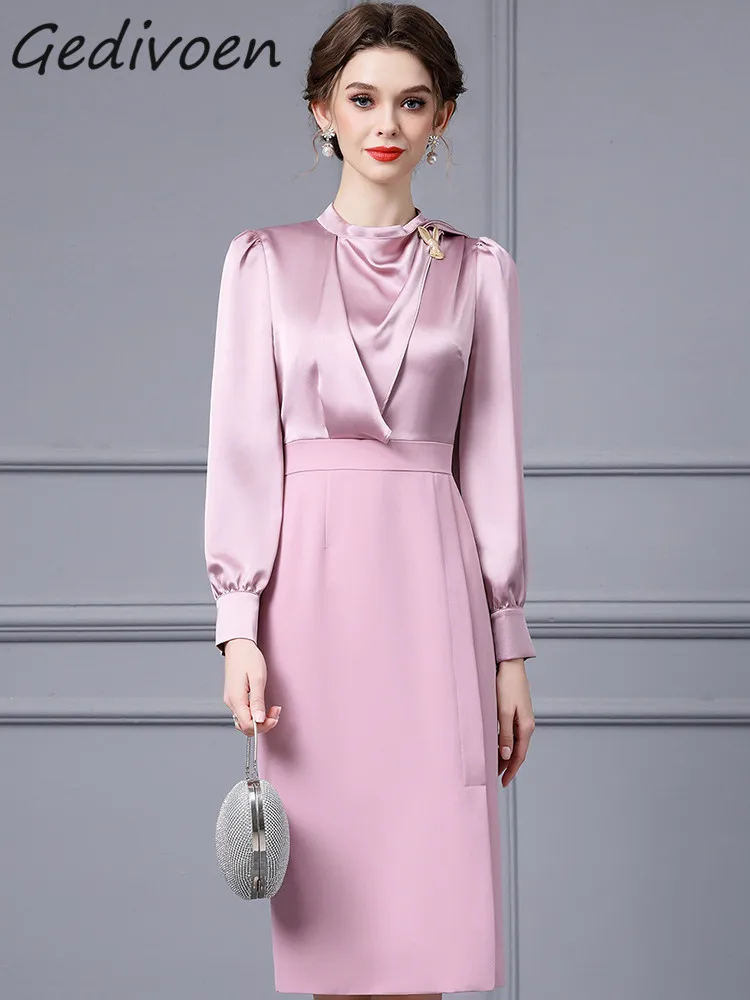 Gedivoen Autumn Fashion Designer Pink Vintage Spliced Dress Women's Lantern Sleeve Brooch Package Buttocks Slit Slim Long Dress