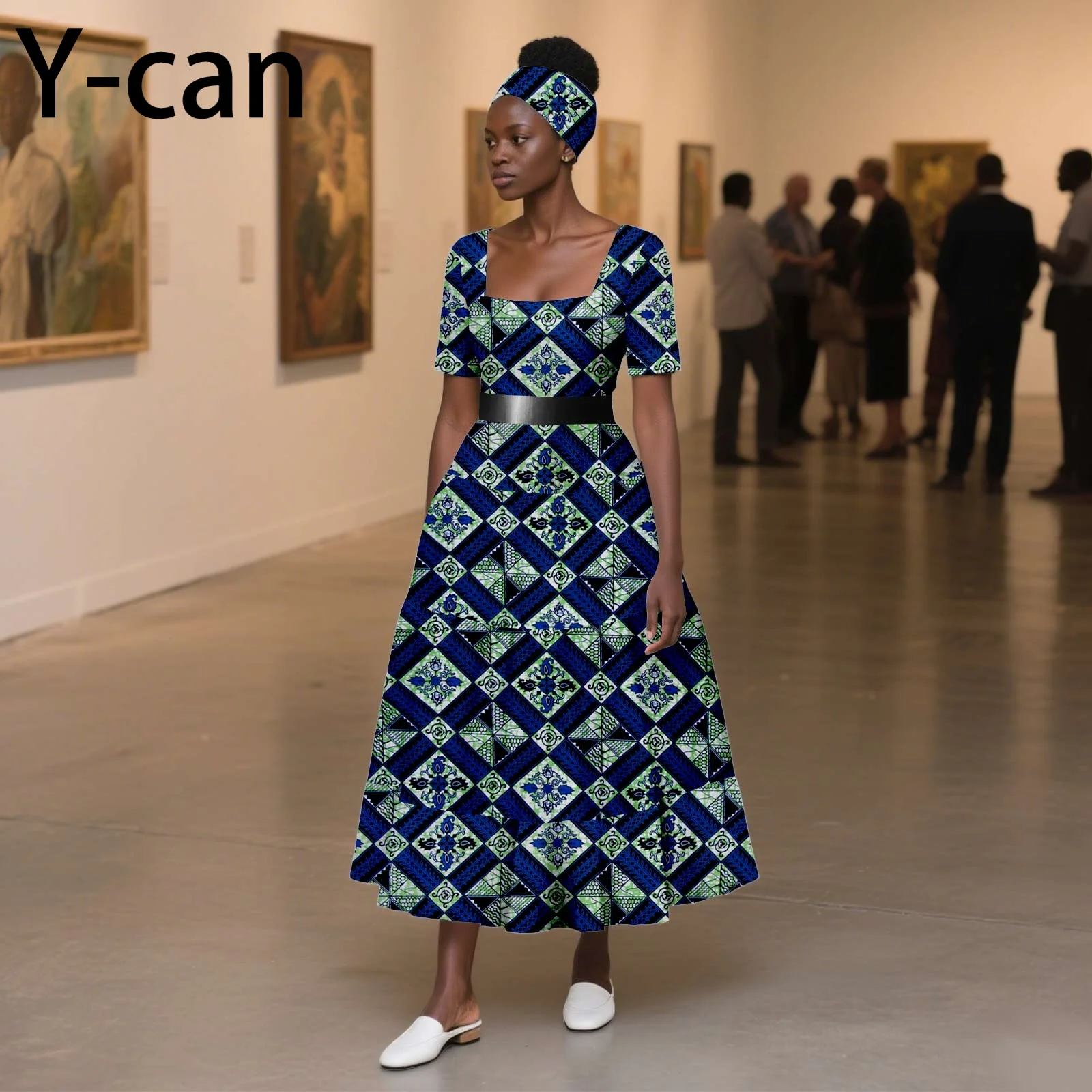 Ankara Fashion Square Collar Short Sleeve Dashiki Print Dress with Headwrap Elegant Lady Dresses African Style 2525102 - view 3
