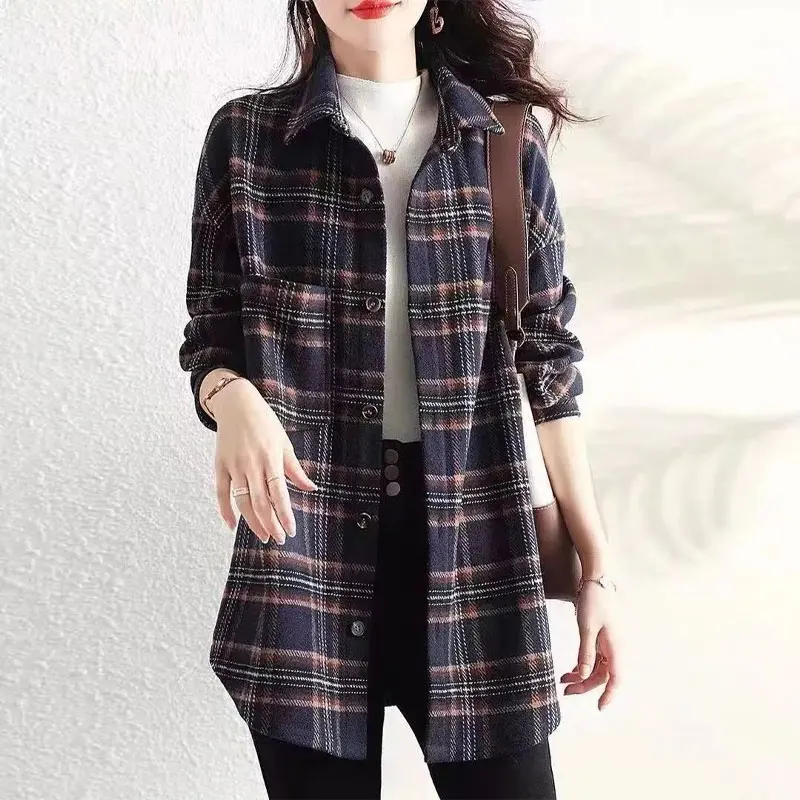 Spring Autumn Korean Plaid Loose Blouse Commute Single-breasted Women's Clothing Turn-down Collar Casual Pockets Spliced Shirt