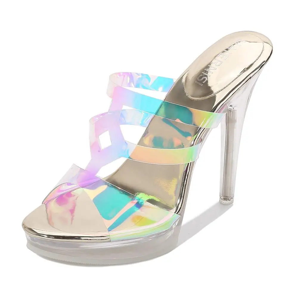 Women Sandals Half - drag Color Change Sexy Transparent Slippers Summer Fashion Party High heels 12CM Open Toe Female Shoes