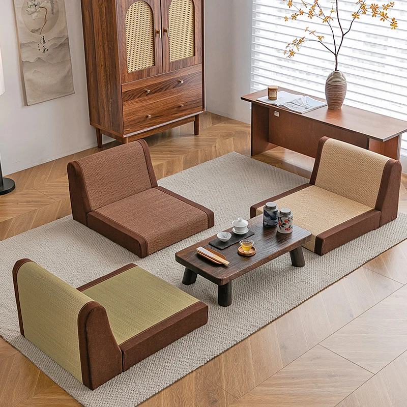 

Japanese Bamboo Tatami Chairs Bay Window Backrest Legless Seat Low Profile Lounge Chair Comfortable Meditation Woven Lazy Chair