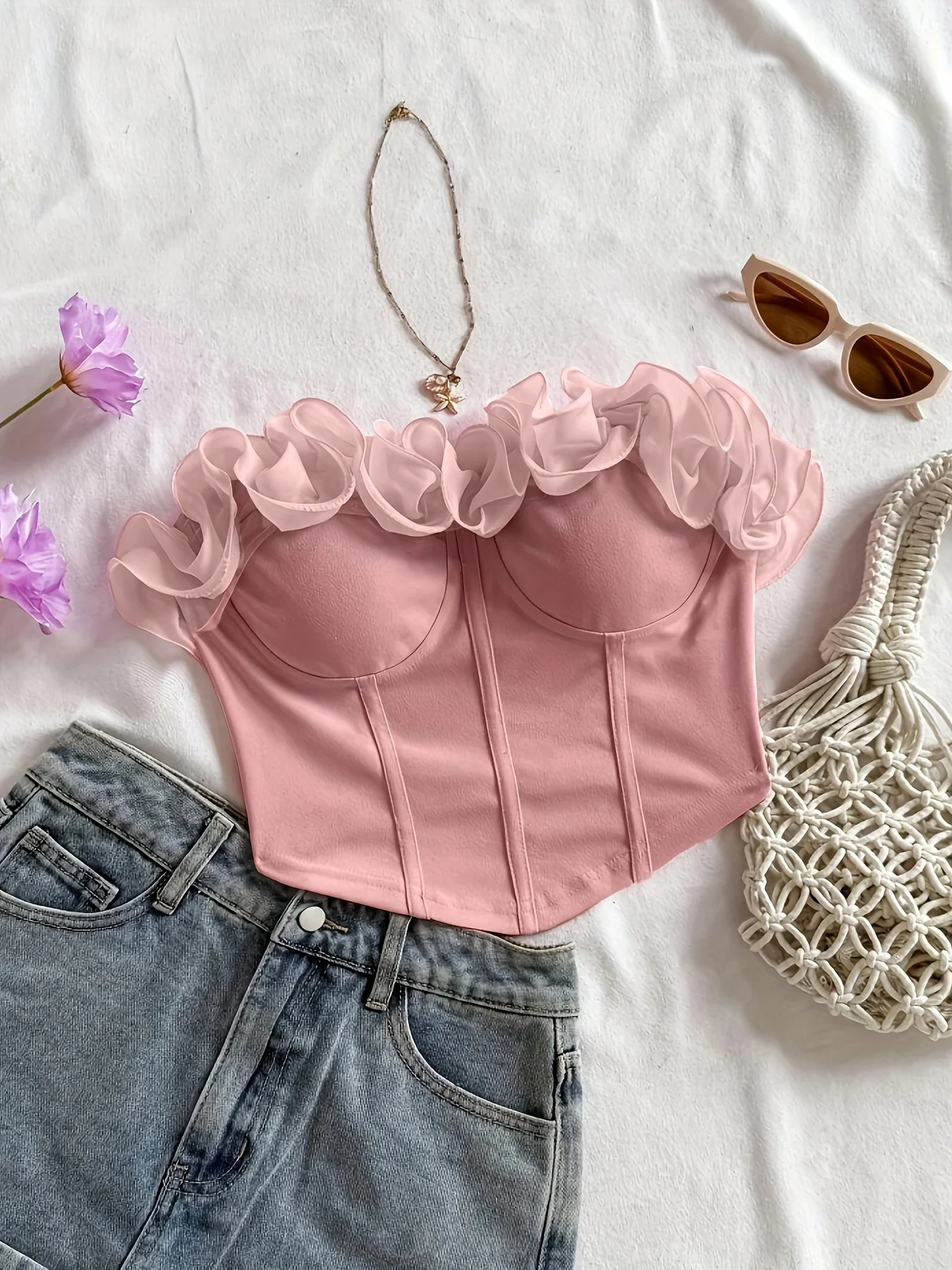 Elegant Stereoscopic Flower Pure Sexy Tube Top Vest Slim Fitting Y2K Style Suitable for Inner and Outer Wear