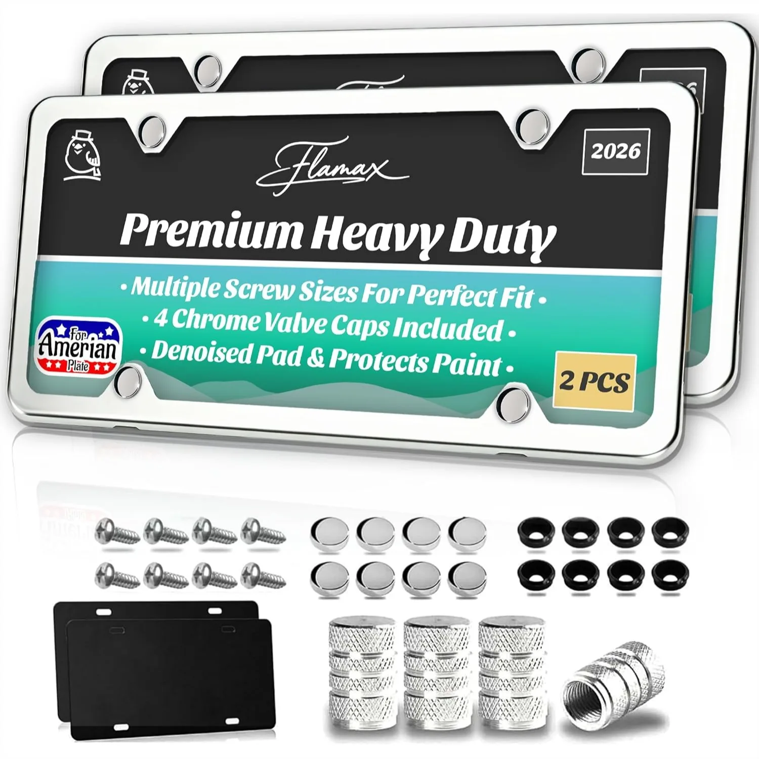 

Chrome License Plate Frames 2 Pack with Anti-Scratch Pads & Tire Valve Caps, Heavy Duty Stainless Steel Universal Fit for Cars