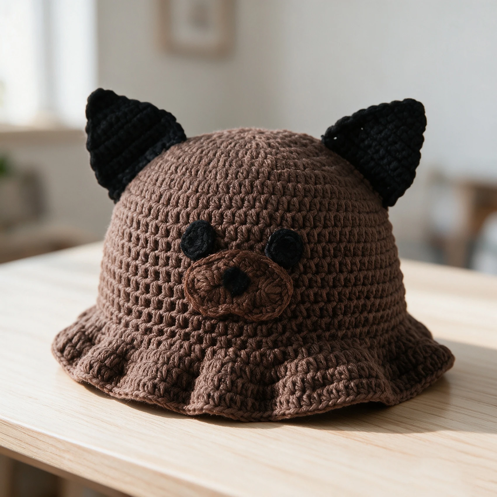 Women Dog Handmade Crochet Bucket Hat Ruffled Brim Knitted Cute Cartoon Animal Beanie Hat For Women Girls Winter Warm Cap