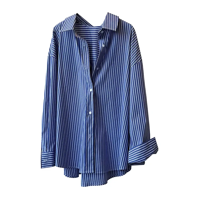 French retro striped shirt for women 2024 autumn new long-sleeved design niche shirt