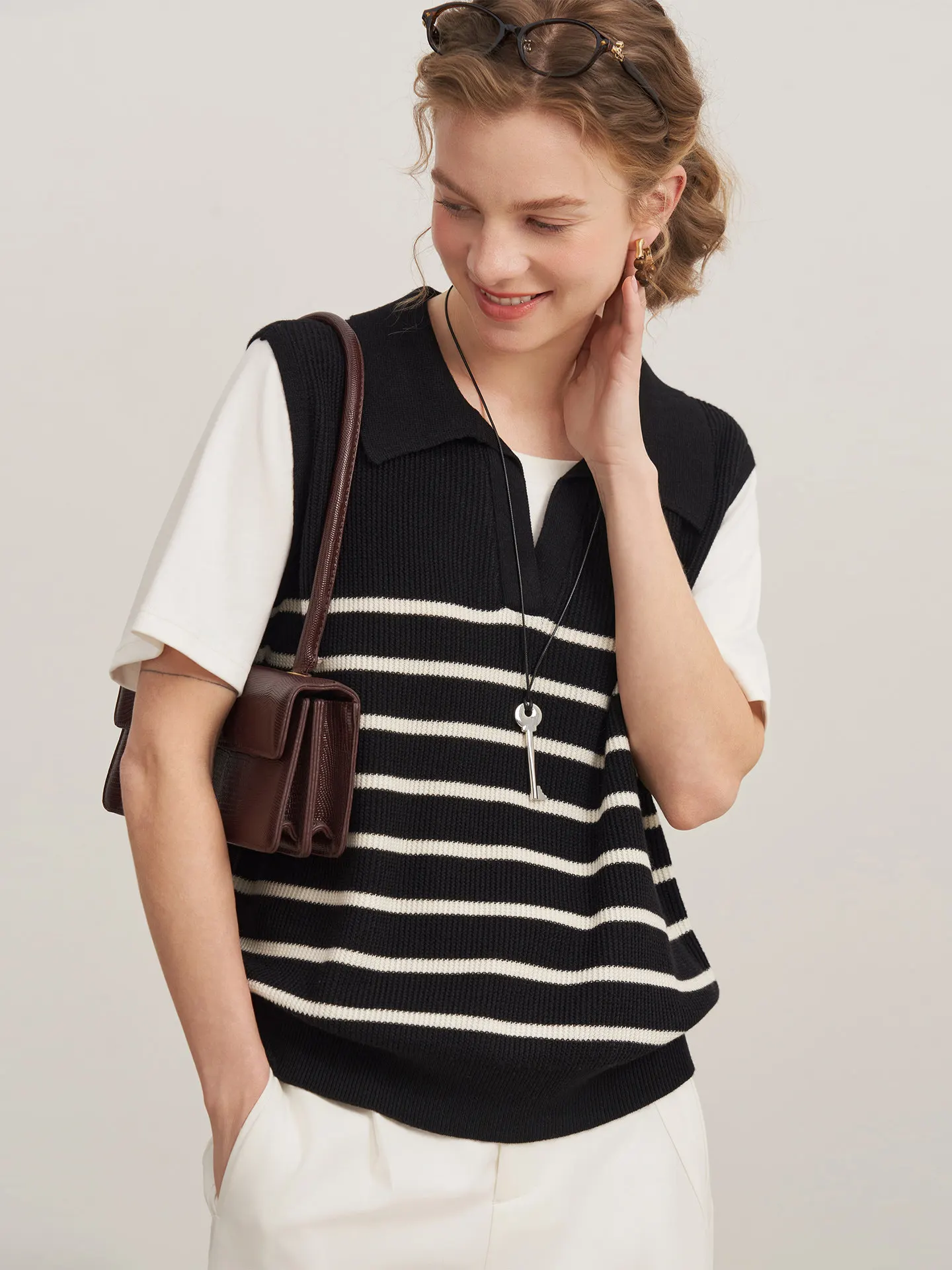 LIEDU Autumn Elegant Commuter Women Lapel V Neck Striped Hollow Knit Sweater Loose Short Sleeve Casual Daily Office Outfit