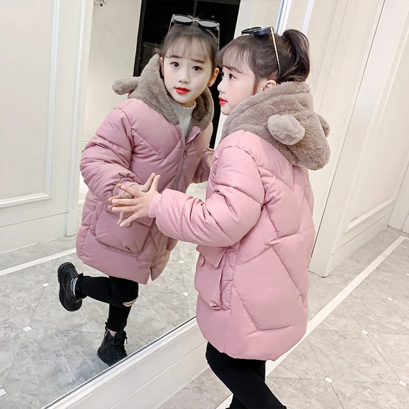 

2026 Winter New Style Girls' Cotton Coat (Korean Version) - Thick and Long Sleeve, Fleece Inner, Hooded Cotton Coat for Children