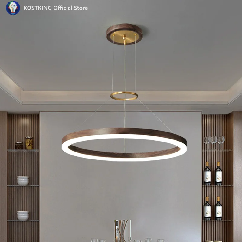 Modern Simple LED Wood Pendant Lamps Bedroom Living Room Round Copper Chandelier Stepless Dimming Dining Room Ring Hanging Light