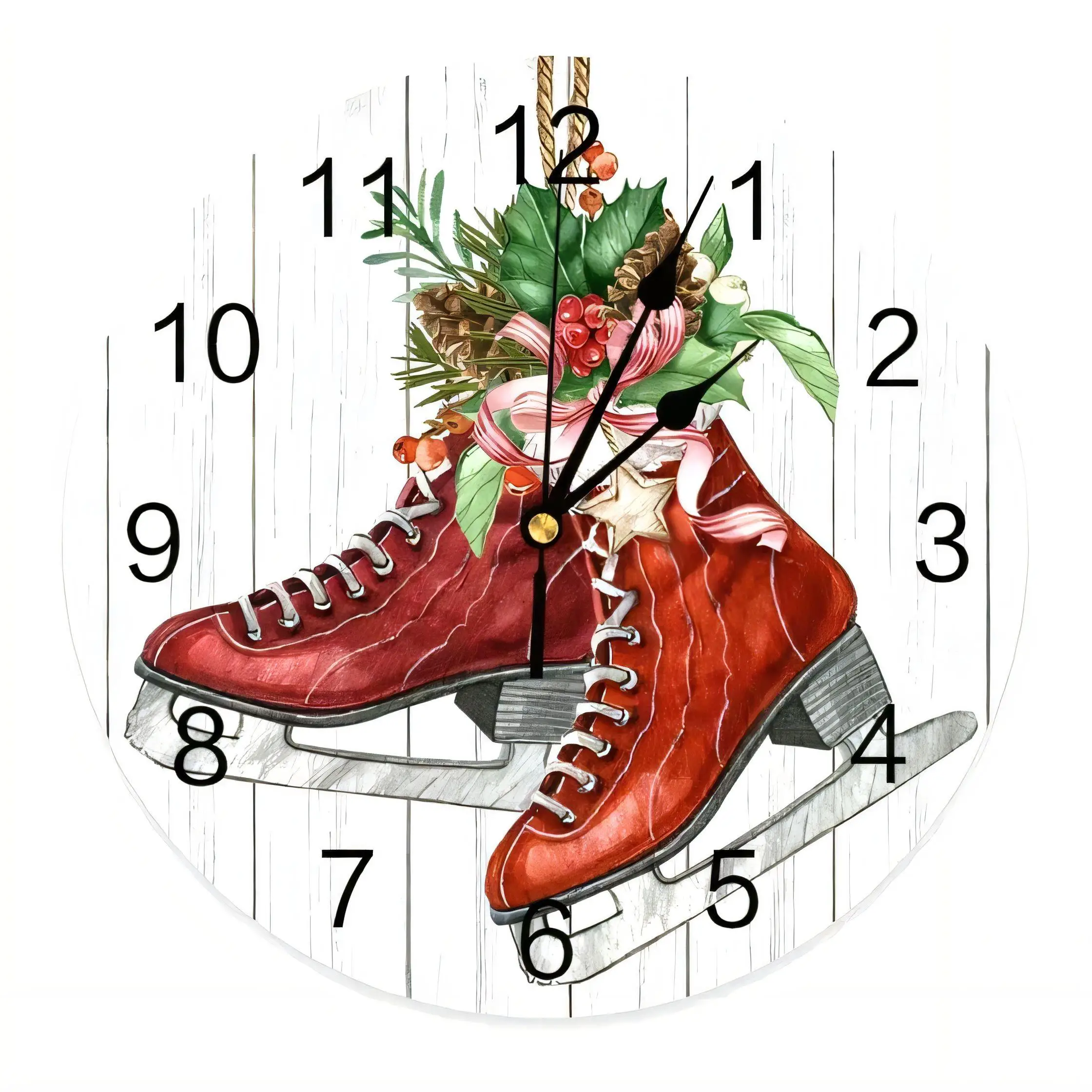 Vintage Winter Wall Clock  Round Decorative Red Ice Skates Festive Holiday Home Kitchen Living Room Silent Non Ticking