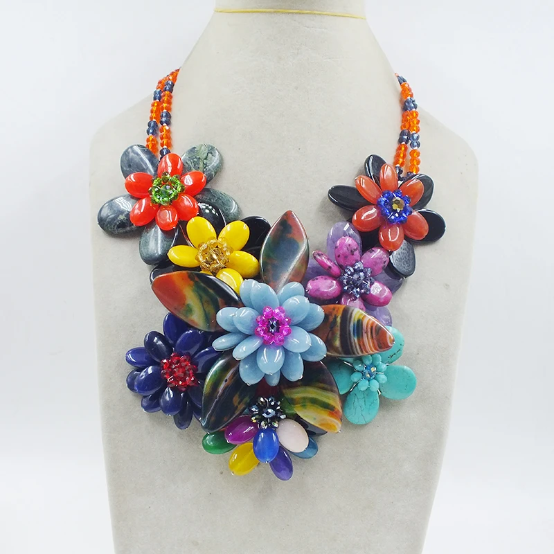 The most classic flower necklace. Semi Precious Stone/Coral/Crystal. Hand Woven Charm Women Jewelry 22”