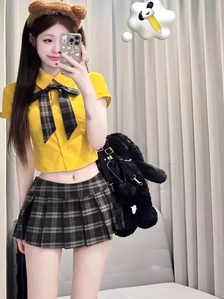 

Женский летний комплект 2025: модный клетчатый костюм с высокой талией в студенческом стиле, из высококачественной полиэстеровой ткани, для учебы и работы