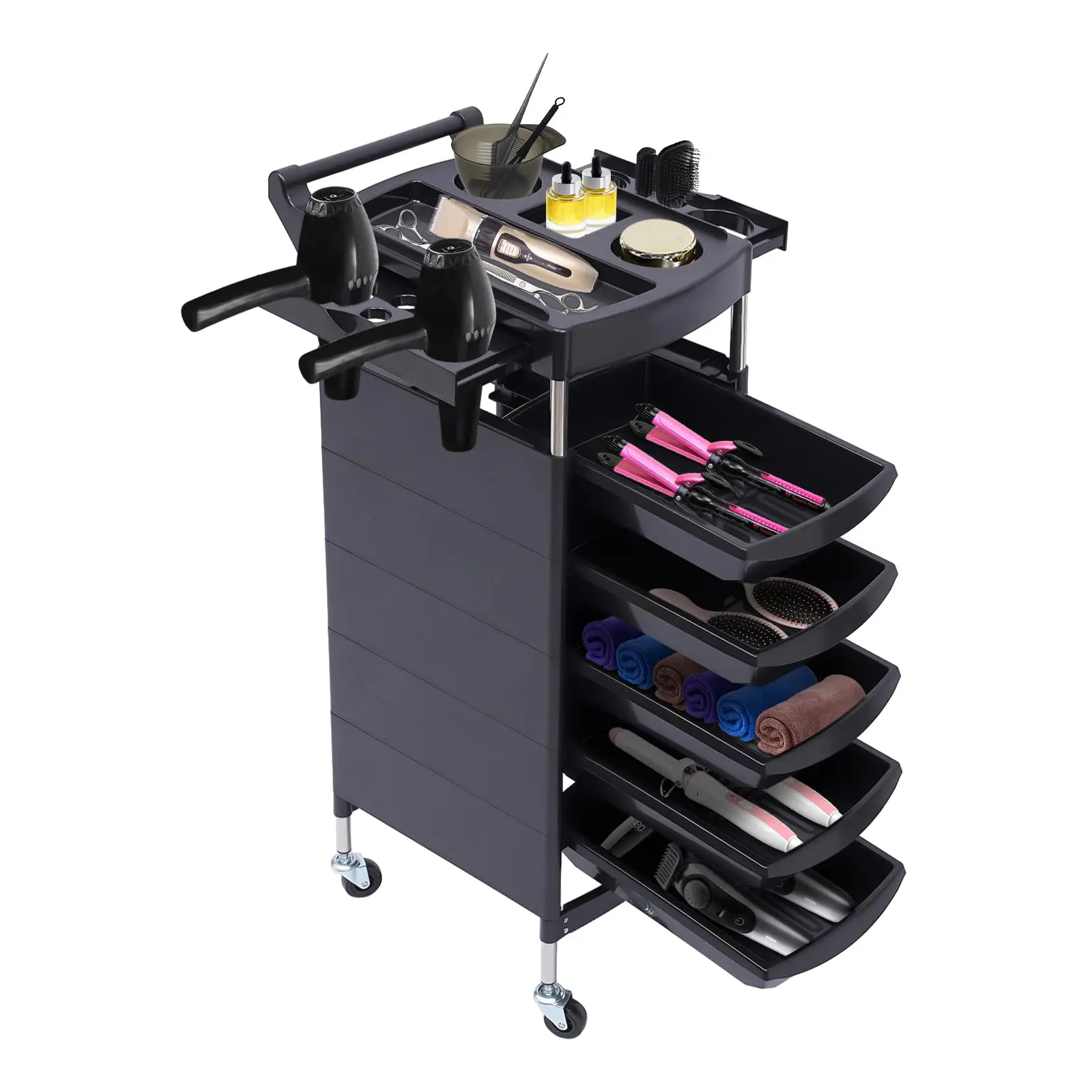 

6-Tier Hair Styling Salon Trolley with Wheels, Beauty Salon Storage Cart with Drawers and Hair Dryer Holder, Salon Station Trolley
