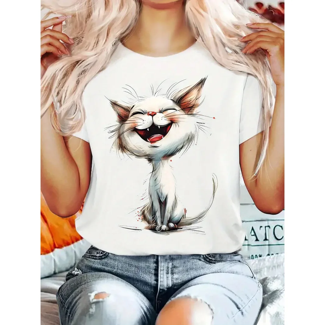 Women Cute Laughing Cat Graphic Print T Shirt Round Neck Short Sleeve Casual Summer Animal Pattern Ladies Tees Streetwear