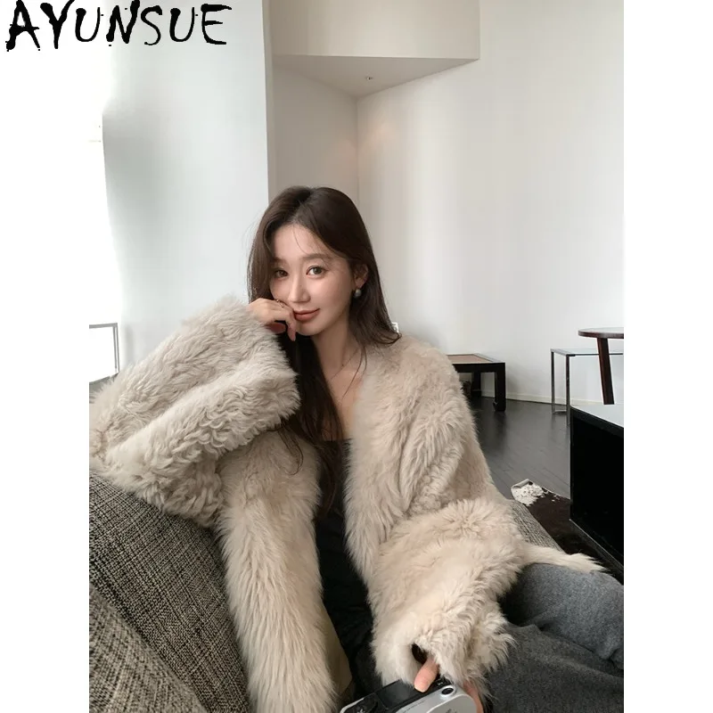 

AYUNSUE Natural Tuscan Shearling Coats for Woman Korean V-neck Loose Outerwears Fashion Winter Fur Jackets Woman Clothes Casaco
