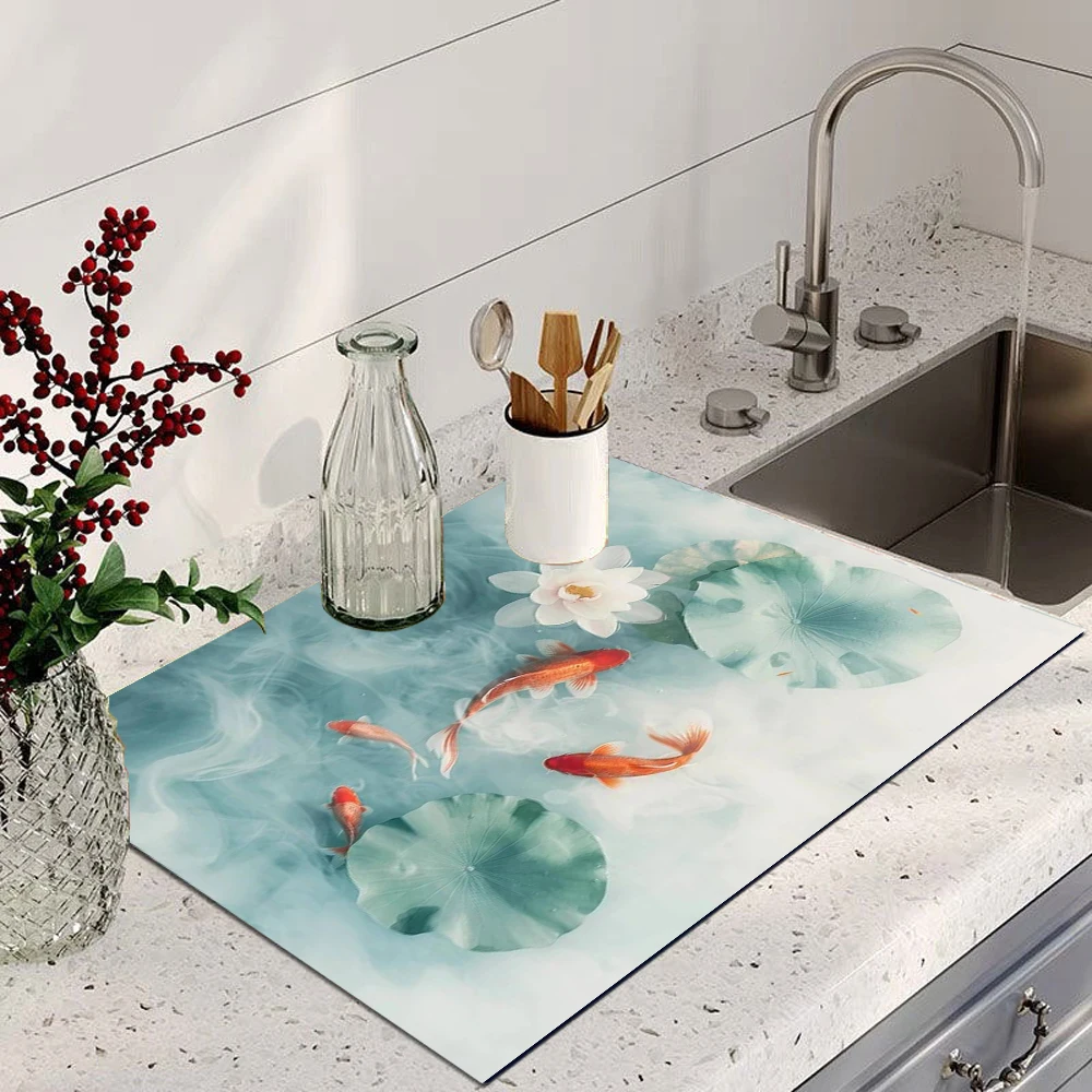 Koi Fish Absorbent Anti-slip Dish Mats Marble Print Kitchen Absorbent Draining Mat Drying Mat Quick Dry Bathroom Drain Pad