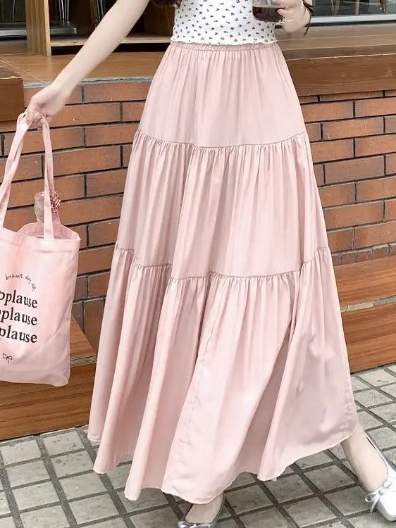 Letnia Nowa Elegancka Spódnica w Kształcie Litery A Damska Słodka Odmładzająca Wyszczuplająca Talia Warstwowa Plus Size Poliestrowa Spódnica