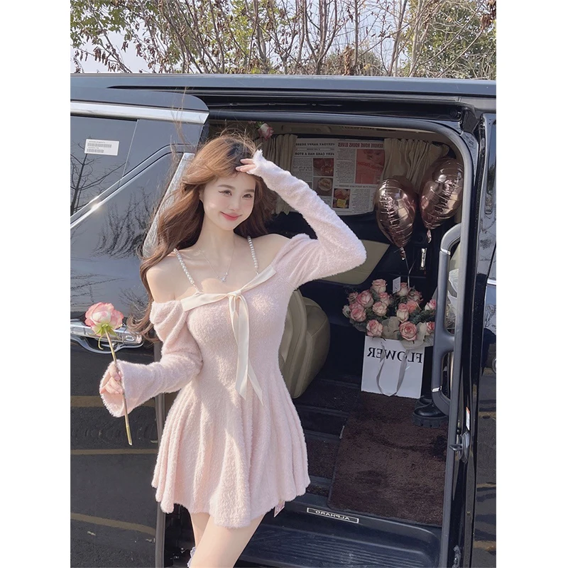 Kawaii Rosa Mini Kleid Frauen Mode Party Sexy Slash Neck Kette Kleider Winter Y2K Koreanische Langarm Bodycon EINE Linie Vestidos
