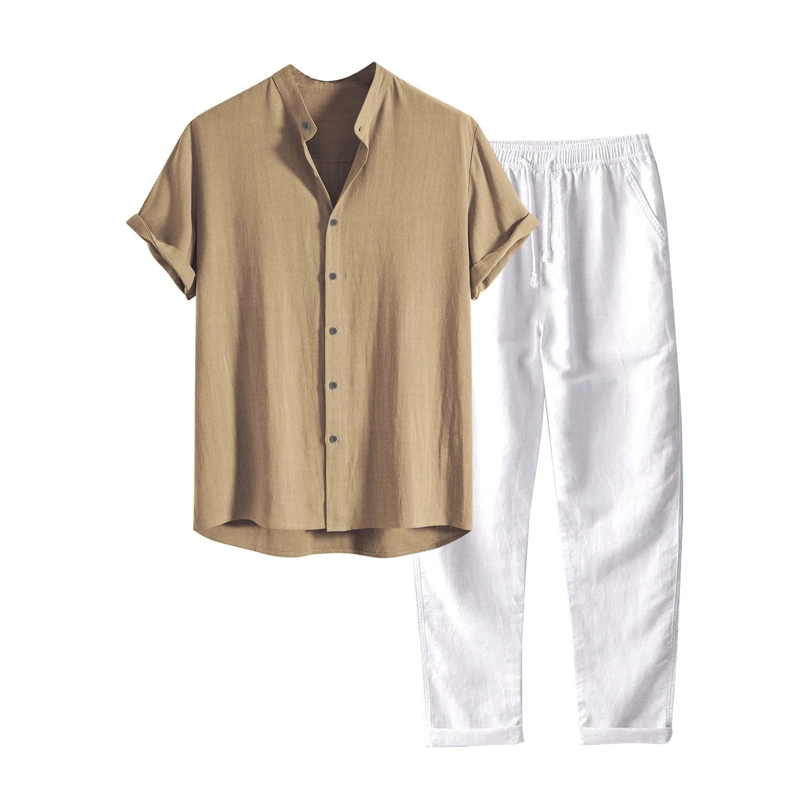 2 Piece Set Summer Men Beach Shirt Pants Set Solid Khaki Linen Shirt Button-Up Tops Long Pants Men\'s Tracksuit Clothing 2024