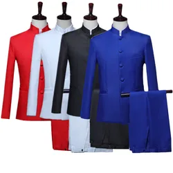 Novos homens cor pura negócios formal casamento banquete terno 2 peça vermelho/branco masculino estilo chinês gola blazer calças