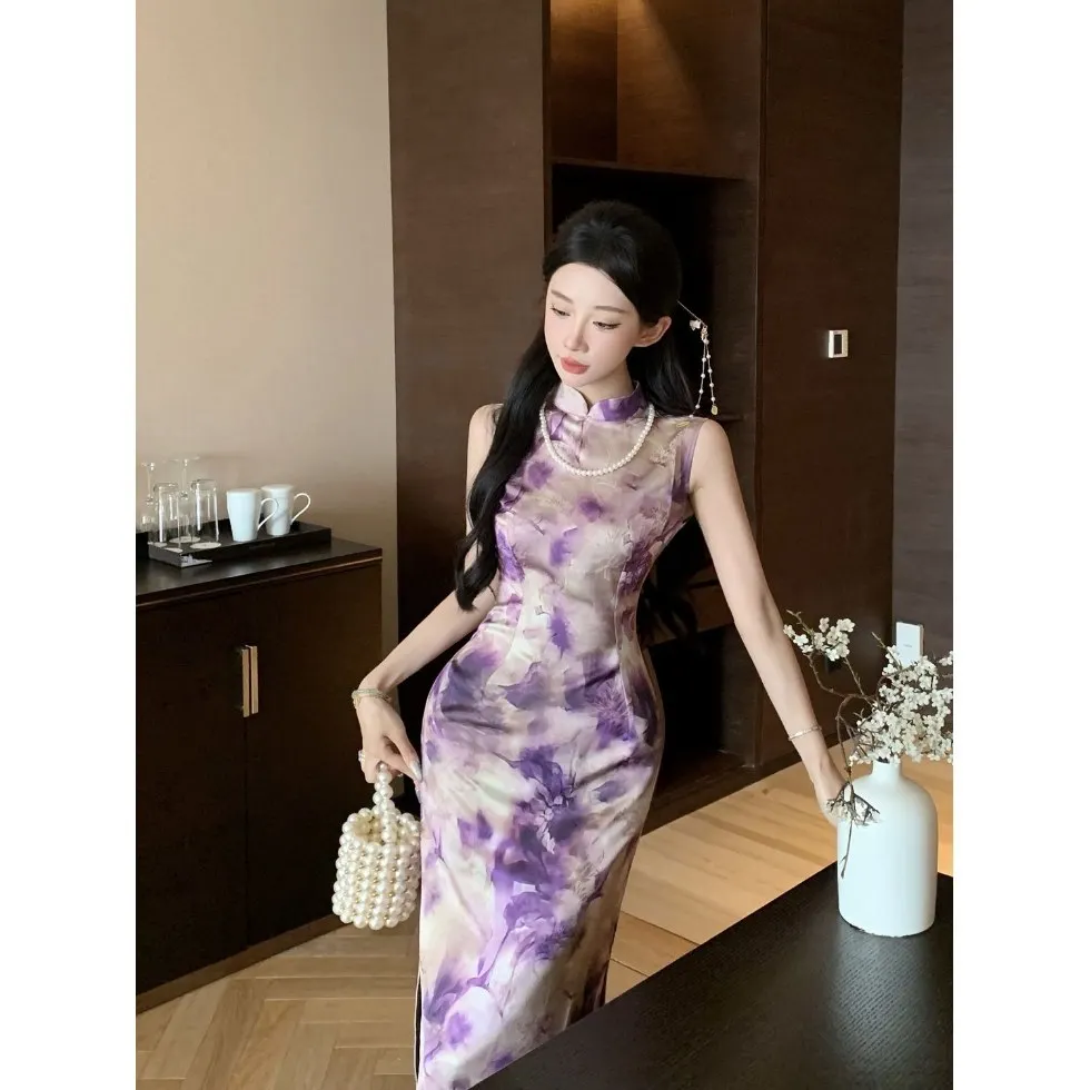 Chinese Style Hong Kong Craft Dyed Cheongsam Stand Collar Frog Button Qipao Dress Summer Chinese Wedding Party Dress CH-149