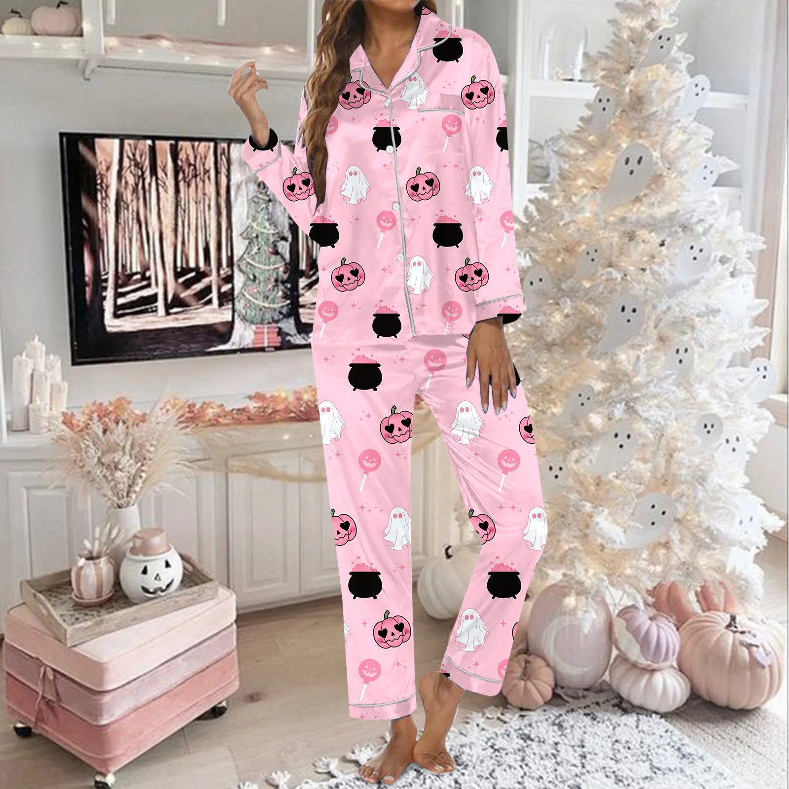 Long Sleeve Shirt Long Pants Pajama Set Women\'S Pink Printed Anime Halloween Sleepwear Ice Silk Smooth Soft Breathable Pyjamas