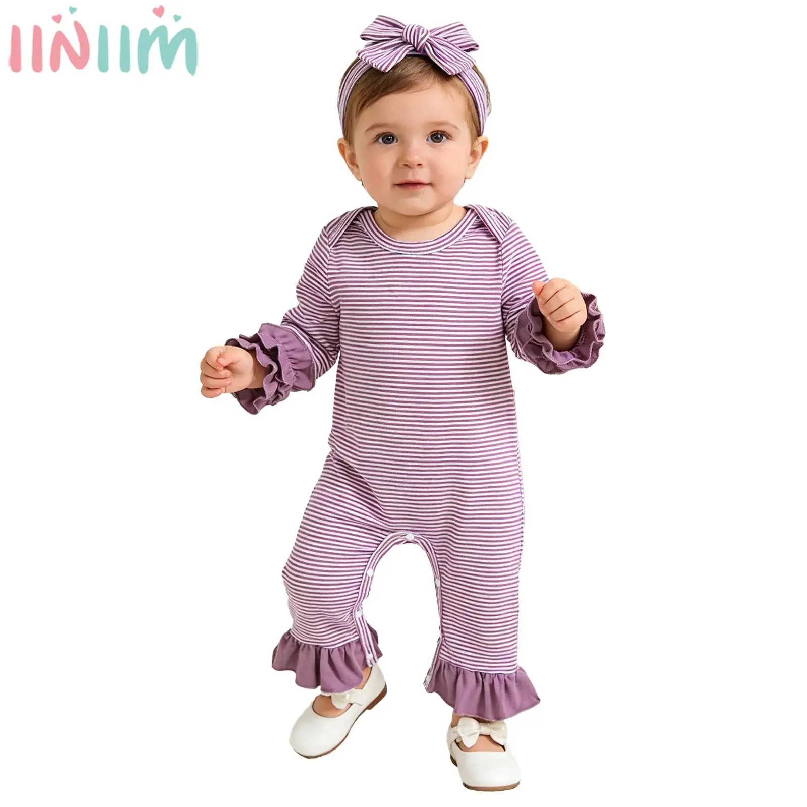 

Повседневный наряд для новорожденных девочек на весну и осень, комбинезон с длинными рукавами и рюшами на пуговицах, повязка на голову для повседневной носки и фотосессий