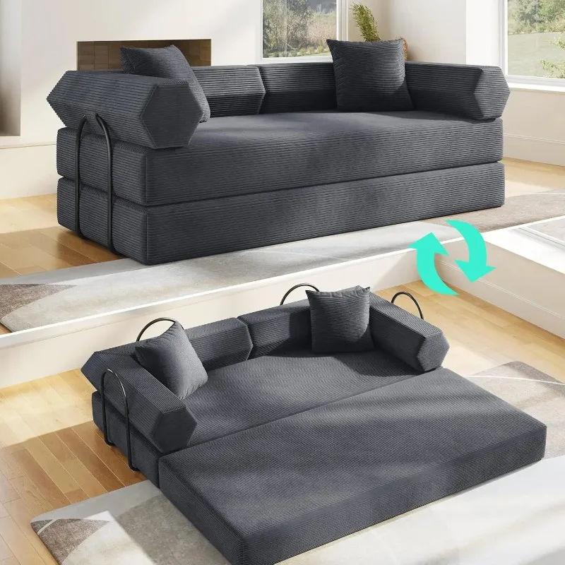 Customed Convertible Sofa Bed, Modular Floor Couch with Pull-Out Sleeper, 5-in-1 Folding Futon Sofa, Corduroy Couch