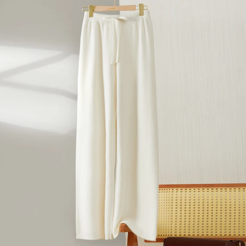 Long cashmere wide leg pants Hot 100% pure wool women wide leg pants solid color knitting women casual loose autumn and winter