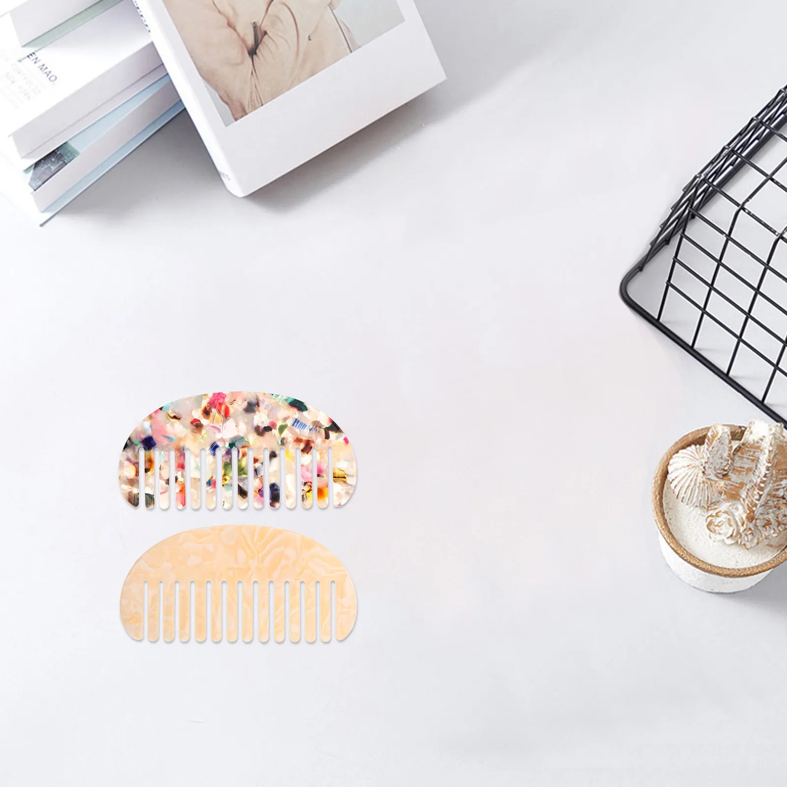 2Pcs Vintage Acetate Hair Side Comb Wide Tooth Anti-Static Detangling Slides for Women Bridal Hair Styling Curly Straight