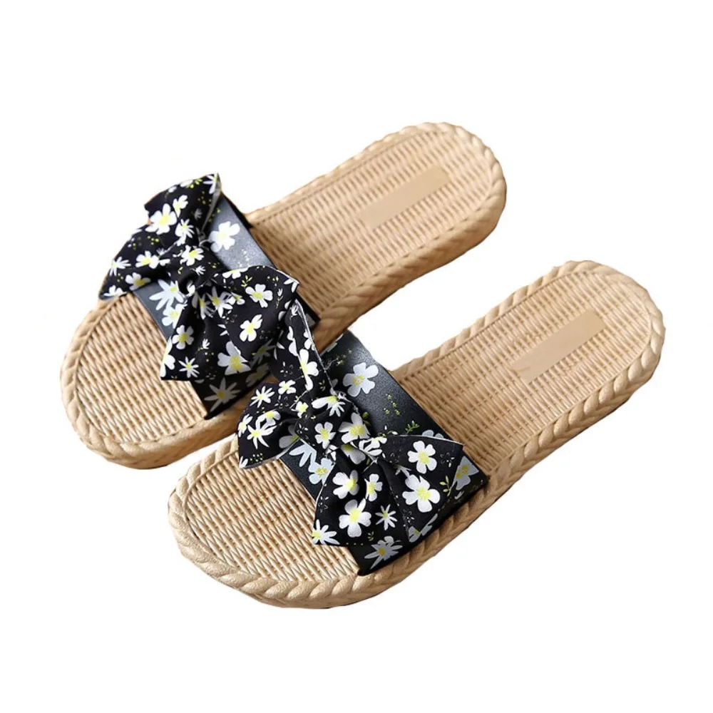 

Обувь, пляжные тапочки с цветочным бантом, милые сандалии на плоской подошве с цветочным принтом, женские нескользящие шлепанцы, отпускные морские тапочки для плавания
