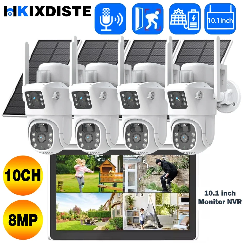 

8MP Solar PTZ Camera Security Protection System Kit Outdoor 10CH NVR 10''1 LCD Monitor Set WiFi Wireless CCTV Video Surveillance
